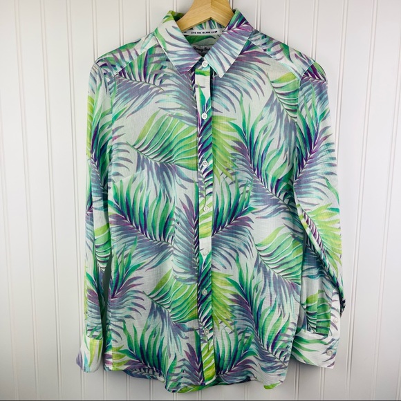 Tommy Bahama Tropical Cotton Long Sleeve Sheer Top Green Purple - Picture 1 of 8